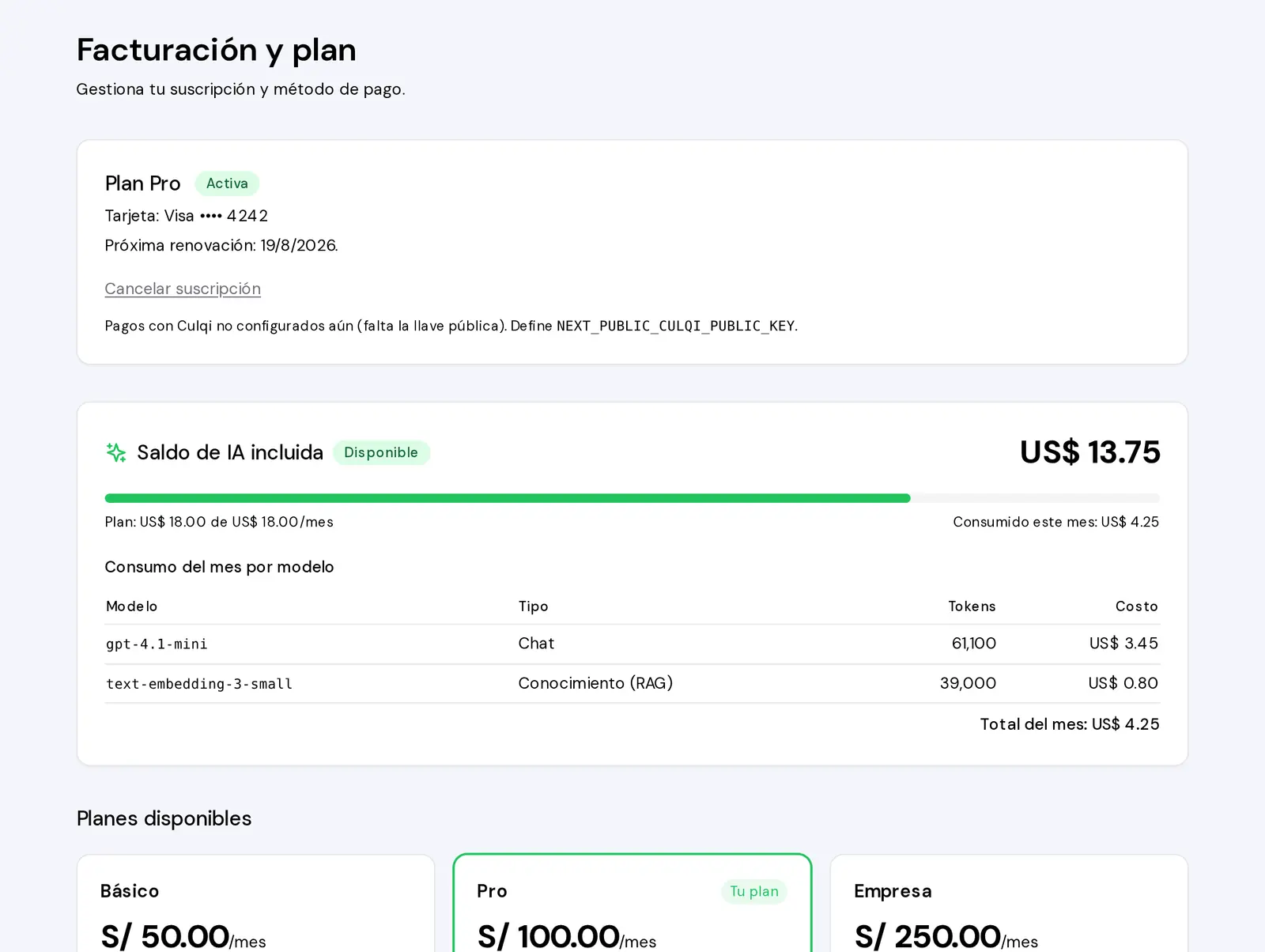 Mira el bloque del plan actual y el catálogo de planes para decidir si solo revisas estado o vas a cambiar de plan.