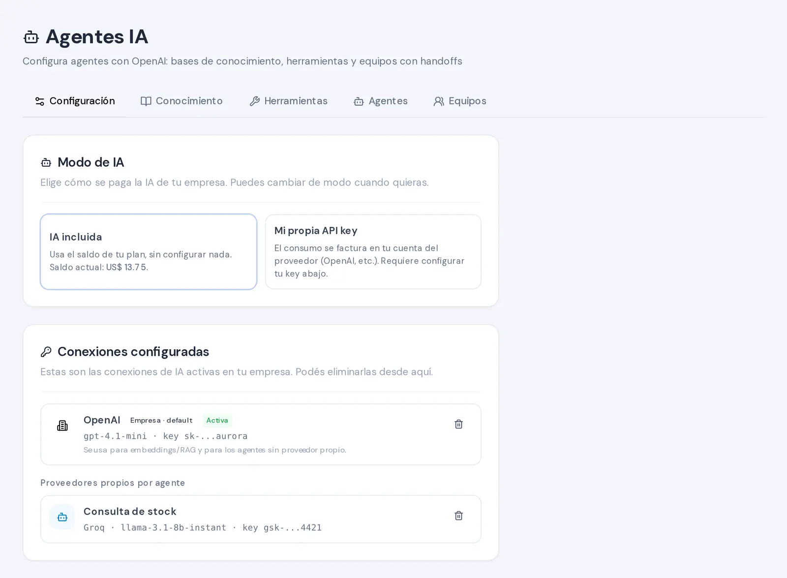 Mira las pestañas de Agentes IA y el bloque de modo para confirmar dónde activas o conectas la IA.