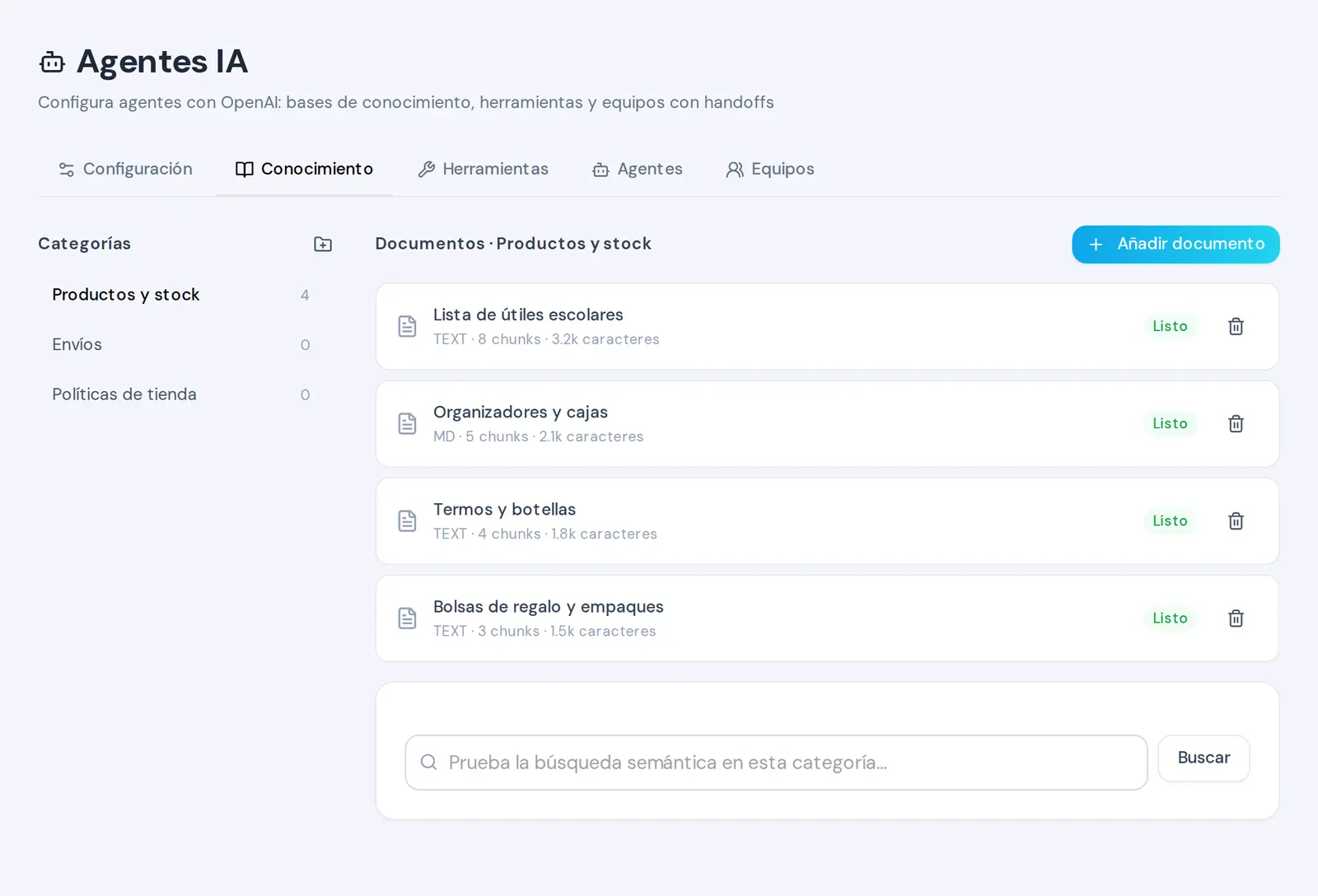 Fíjate en el panel de categorías y en la zona de documentos para mantener cada tema en su sitio.